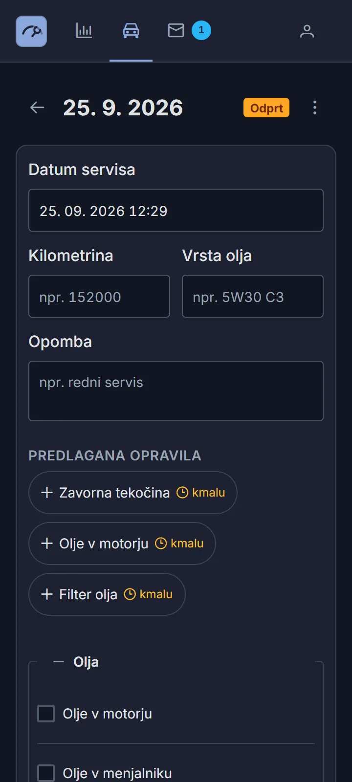 Pitstop — vnos servisnega posega s predlaganimi opravili