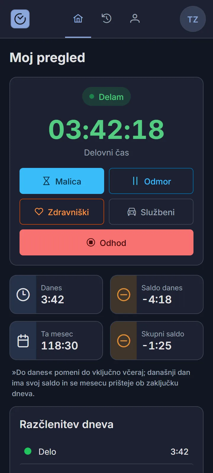 Tempio — pogled zaposlenega s tekočim delovnim časom, gumbi za malico, odmor in odhod ter saldom